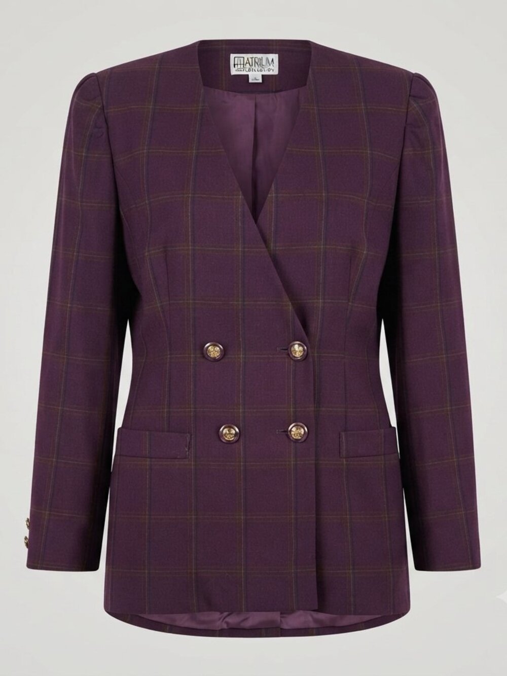 Atrium Collection Purple Plaid Double-Breasted Blazer Jacket 14, vintage office